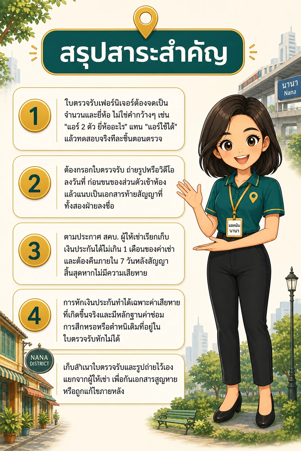 อินโฟกราฟิกสรุปข้อมูล เช็กลิสต์เฟอร์นิเจอร์ห้องเช่า: ตรวจรับก่อนย้ายเข้าตึกเก่าซอยนานา