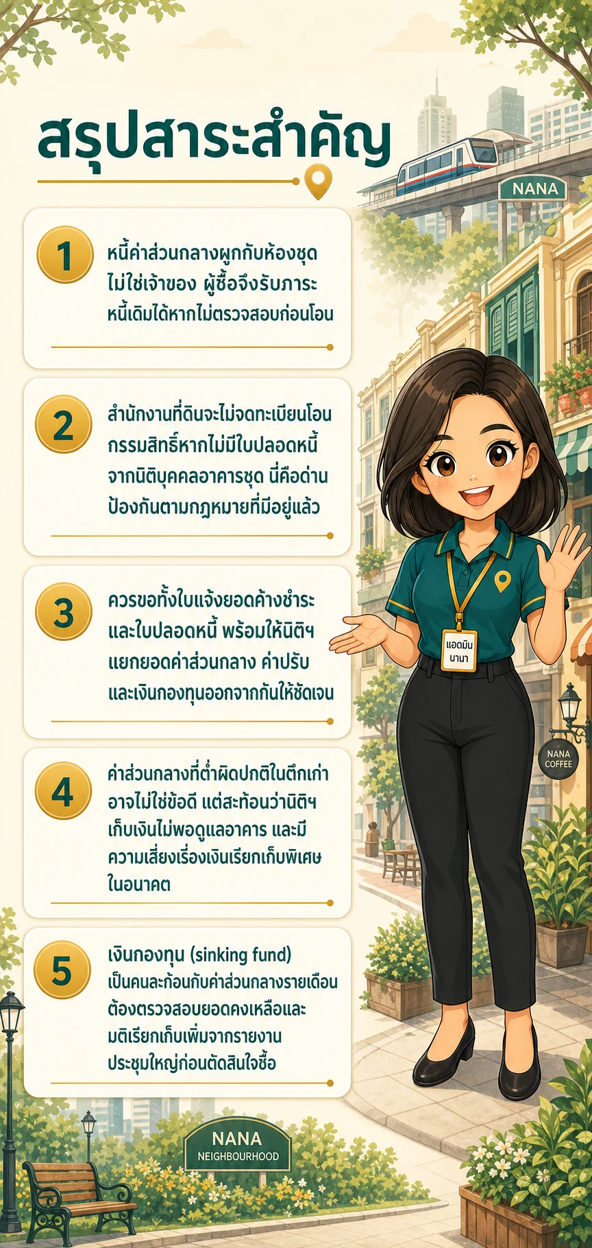 อินโฟกราฟิกสรุปข้อมูล ค่าส่วนกลางค้างจ่ายคอนโดเก่าย่านนานา: ขอใบปลอดหนี้ก่อนโอนอย่างไรไม่ให้รับหนี้เจ้าของเดิม