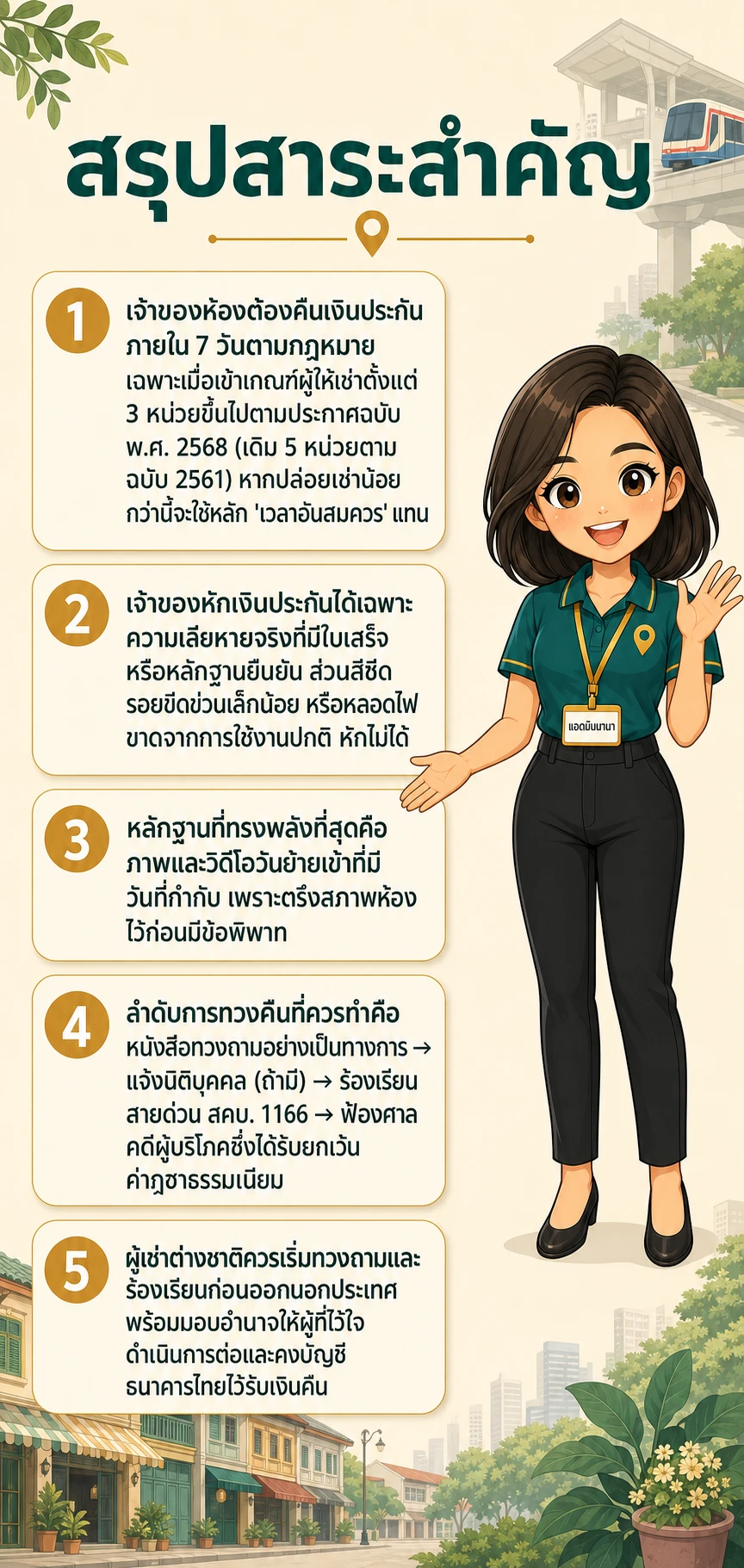 อินโฟกราฟิกสรุปข้อมูล เจ้าของห้องไม่คืนเงินประกัน ทำอย่างไร: คู่มือเรียกเงินคืนสำหรับผู้เช่าย่านนานา
