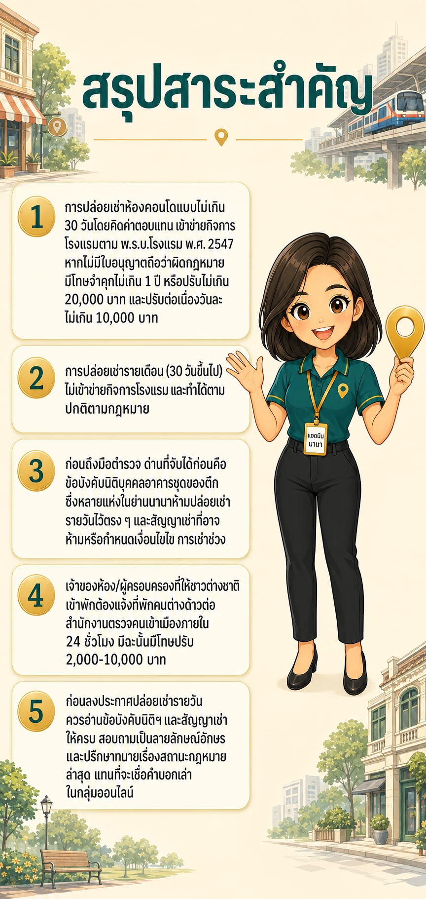 อินโฟกราฟิกสรุปข้อมูล เช่าช่วงคอนโดนานา รายวัน–ระยะสั้น ผิดกฎหมายไหม? กติกาที่ต้องรู้ก่อนโดนปรับ