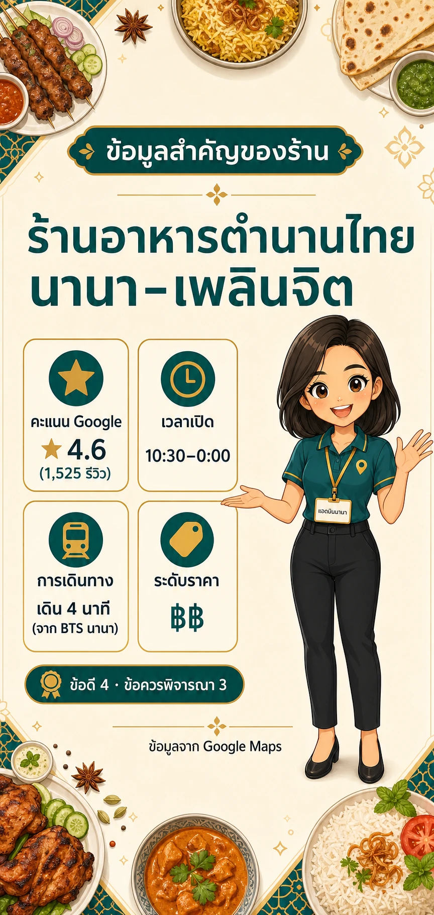 อินโฟกราฟิกสรุปข้อมูล รีวิว ตำนานไทย นานา: อาหารไทยชาววังใกล้ BTS นานา ที่ควรรู้ก่อนไป